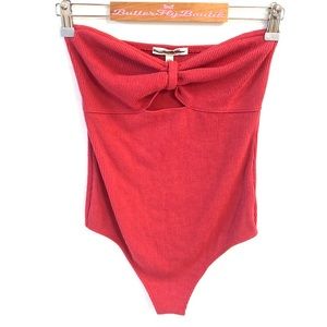 Express Red Ribbed Bow Bodysuit